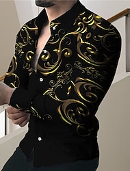 camisa gráfica masculina preta e dourada floral abertura amarela impressão 3D ao ar livre rua manga comprida botão roupas vestuário designer de moda casual formal algodão botão