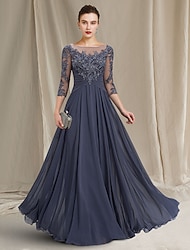 A-Line Mother of the Bride Dress Elegant Jewel Neck Floor Length Chiffon Lace 3/4 Length Sleeve with Pleats Appliques 2024