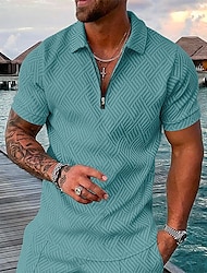 Homens Camiseta Polo Camisa de golfe Geometria Aberto para a Lateral Cinza branco Preto Verde Claro Azul Marinha Bege Impressão 3D Para Noite camisas de golfe Manga Curta Zíper Roupa Esportes