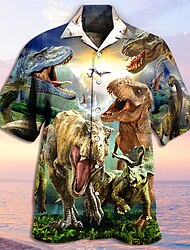 Муж. Рубашка Графическая рубашка Динозавр Отложной Коричневый на открытом воздухе Для улицы 3D Кнопка вниз Одежда Мода Оригинальный рисунок На каждый день Дышащий