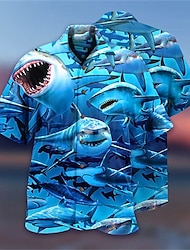 Men's Shirt Graphic Shirt Shark Turndown Blue Outdoor Street 3D Button-Down Clothing Apparel Fashion Designer Casual Breathable