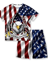American Independence Day Boys 3D Animal Flag T-shirt & Shorts Clothing Set Short Sleeve Summer Spring Sports Fashion Cool Polyester Kids 3-13 Years Outdoor Street Sports Regular Fit