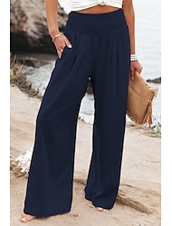 Dames Katoenen linnen broek Breed Been Broek Modieus Casual Lounge Jurken Volledige lengte Hoge taille zakkerig Micro-elastisch Vakantie Dagelijks Appel Groen Zwart Wit Donker Marineblauw Herfst