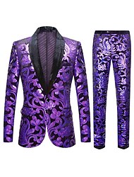 Purple Men's Party Prom Disco Sparkly Sequin Tuxedos 2 Piece Floral Shawl Collar Tailored Fit Single Breasted One-button 2024