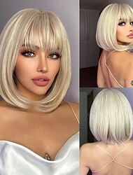 Blonde Bob Wig Platinum Blonde Bob Wig With Bangs 12 inch Short Platinum Blonde Wig With Black Root Synthetic Wigs for Daily Party Christmas Party Wigs barbiecore Wigs