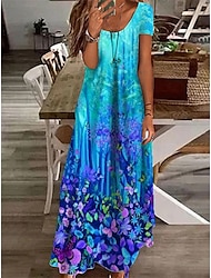 Vestido Maxi de Mujer Vestido Casual Vestido de Cambio Vestido Largo Blanco Azul Verde Manga Corta Estampado Floral Primavera Verano Cuello Redondo Básico Diario Vacaciones Vestido de Verano 2023 S M
