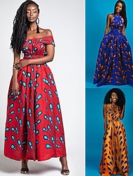 Damen Kleid Moderne afrikanische Outfits Boho Afrikanischer Druck Kitenge Schulterfrei Hauptdarstellerin Maskerade Erwachsene Kleid Party
