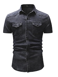 Men's Shirt Jeans Shirt Button Up Shirt Summer Shirt Cargo Shirt Light Blue Navy Blue Light Grey Dark Grey Short Sleeve Plain Turndown Street Casual Denim Clothing Apparel Denim Casual Retro