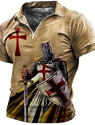 Men's Knights Templar Zip Polo Shirts Golf Shirt Short Sleeve Polo Shirts Collared Shirts Vintage Casual Vacation Wear Festival Wear Party Outfits 3D Print Quarter Zip Polo Blue Green Khaki