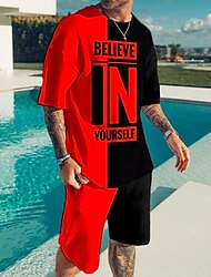 Men's Graphic Color Block Letter 2pcs Tees sets Matching Sets Short Sleeve Short Pants Crew Neck Fashion Lightweight Basic Street Daily Sports Print Summer Spring Black and Red Black+White