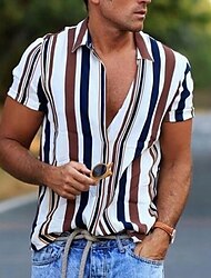 Men's Shirt Striped Collar Street Daily Button-Down Print Short Sleeve Tops Casual Fashion Breathable Comfortable White / Summer