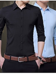 Hombre Camisa para Vestido Abotonar la camisa Vino Mar azul Negro Manga Larga Color sólido/liso Cuello Vuelto Verano Primavera Boda Noche formal Ropa Hebilla