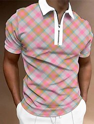 Hombre POLO Camiseta de golf Plaid Cuello Vuelto Rosa Impresión 3D Exterior Calle Mangas cortas Estampado Cremallera Ropa Moda Design Casual Transpirable