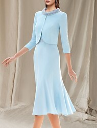Two Piece Mermaid / Trumpet Mother of the Bride Dress Wedding Guest Church Elegant Jewel Neck Knee Length Stretch Chiffon Sleeveless Short Jacket Dresses with Beading 2024