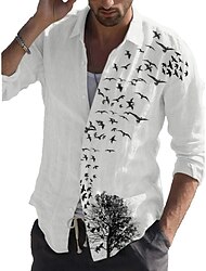 Men's Shirt Graphic Shirt Graphic Tree Bird Turndown White 3D Print Outdoor Street Long Sleeve Button-Down Print Clothing Apparel Fashion Designer Casual Breathable
