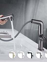 Bathroom Sink Faucet with Pull Out Spray,Brass 3-modes Electroplated / Painted Finishes Centerset Single Handle One Hole Lavatory Rotating Spout for Cold and Hot Water Bath Taps