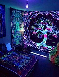 blacklight uv reactief fluorescerend tapijt schedel levensboom psychedelisch skelet sterrenhemel zwart licht achtergrond doek slaapzaal decoratie hangende doek