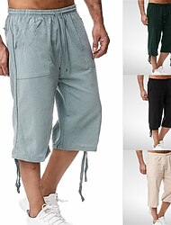 Herren Caprihose Leinenshorts Sommershorts Strandshorts Tasche Elastischer Bund Kordelzug Einfach Weich Atmungsaktiv Wadenlang Sport im Freien Lässig Schwarz Blau