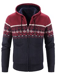 Men's Sweater Cardigan Sweater Zip Sweater Sweater Jacket Fleece Sweater Chunky Knit Cropped Zipper Knitted Argyle Hooded Basic Stylish Outdoor Daily Clothing Apparel Winter Fall Wine Dusty Blue M L