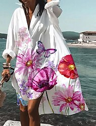 Dam Skjortklänning Vardagsklänning Blommig Mönster Tröjkrage Maxiklänning Dagligen Strand Långärmad Vår Höst