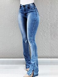 dammode jeans klocka botten breda ben delat utskurna byxor i hel längd casual helg mikroelastisk vanlig komfort mörkblå 2xl