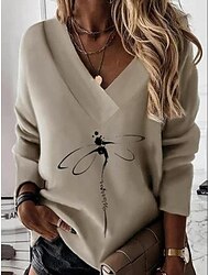 Women's Sweatshirt Hoodie Sweatshirt Floral Dailywear Casual White Khaki Gray Casual Oversized V Neck Long Sleeve Top Micro-elastic Autumn / Fall Fall & Winter