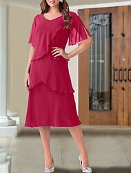 A-Line Mother of the Bride Dress Wedding Guest Elegant Plus Size V Neck Tea Length Chiffon Short Sleeve with Ruffles 2024