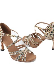 Women's Latin Shoes Salsa Shoes Dance Shoes Professional ChaCha Rumba Glitter Crystal Sequined Jeweled Party Heels Heel Leopard Print Flared Heel Square Toe Buckle Cross Strap Adults' Leopard