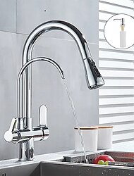 diskbänksblandare utdragbar spruta med tvålautomat, 360 svängbara svarta enkelgreppskranar i mässing neddragbar, däcksmonterad varm kallvattenslang filterkran