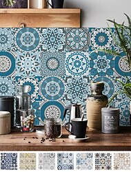 24pcs Creative Kitchen Bathroom Living Room Self-adhesive Wall Stickers Waterproof Fashion Blue Mandala Tile Stickers