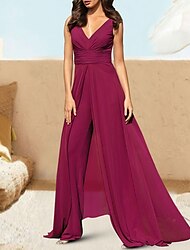 Ολόσωμη φόρμα Βραδινά φορέματα Κομψό Φόρεμα Επισκέπτης γάμου Χοροεσπερίδα Μακριά ουρά Αμάνικο Λαιμόκοψη V Σιφόν με Πιασίματα Καθαρό Χρώμα 2024