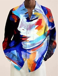 porträtt av kvinna grafisk skjorta herr abstrakt turndown sjö blå gul röd grön 3d-tryck utomhus gata långärmad knapp kläder kläder målning färgglad ledig bomull knapp-down