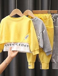 Kids Girls' Hoodie & Pants Clothing Set 2 Pieces Long Sleeve Gray Yellow Solid Color Letter Vacation Cute Sweet 3-10 Years