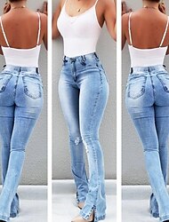 flare jeans för kvinnor byxor hellängd denim split hög elasticitet hög midja mode avslappnad kontorssemester ljusblå bule s m höst/höst
