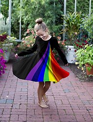 ילדים קטן בנות שמלה קשת שמלה עם כיווץ במותן יומי חגים חופשה דפוס שחור מעל הברך שרוול ארוך סגנון חמוד יום יומי מתוק שמלות סתיו חורף רגיל 3-10 שנים