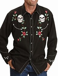 Men's Shirt Western Shirt Floral Skull Turndown Black 3D Print Halloween Street Long Sleeve Print Button-Down Clothing Apparel Fashion Cool Designer Casual