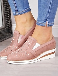 Women's Slip-Ons Plus Size Slip-on Sneakers Outdoor Office Work Solid Color Solid Colored Summer Rhinestone Wedge Heel Round Toe Classic Casual Walking PU Leather Faux Leather Loafer Pink Blue Grey