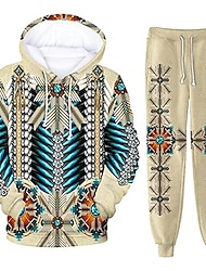 Men's Graphic Wolf Bohemian Style 2pcs 3D Sweatshirt Sets Tracksuit Hoodies Long Sleeve Long pants Hooded Streetwear Designer Basic Sports & Outdoor Casual Sports Print Spring Fall Blue Orange Brown