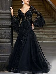 a-lijn avondjurk zwarte jurk vintage formele bruiloftsgast vloerlengte lange mouw v-hals kant met applicaties 2024