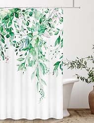 sprchový závěs s háčky， květinová rostlina jasně zelené akvarelové listy na horní rostlině s květinovou koupelnovou dekorací palec s háčky
