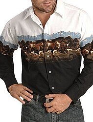 Férfi Állat Ló Grafikai nyomatok Ing Nyugati ing Cowboy ing Hosszú ujj Divat Dizájn Alkalmi Szabadtéri Napi Ősz & tél Térfogatcsökkenés Nyomtatott Gomb lefelé Fehér Fekete / Zöld Világoszöld Fekete