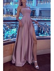 Γραμμή Α Φορέματα χορού Σέξι Φόρεμα Επίσημο Επισκέπτης γάμου Ουρά Αμάνικο Στράπλες Φόρεμα παράνυμφου Ελαστικό Σατέν Εξώπλατο με Πλισέ Φόρεμα 2024