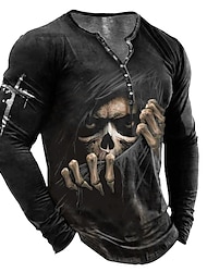 Graphic Skull Skeleton Designer Basic Classic Men's 3D Print T shirt Tee Henley Shirt Tee Outdoor Daily Sports T shirt Black Long Sleeve Henley Shirt Spring &  Fall Clothing Apparel S M L XL 4XL 5XL