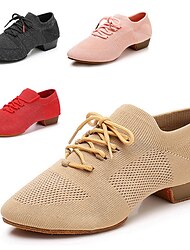 Women's Jazz Shoes Performance Professional Professional Practice Thick Heel Round Toe Lace-up Adults' Light Brown Black Rosy Pink