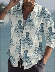 Men's Shirt Animal GraphicOctopus Turndown Blue 3D Print Outdoor Street Long Sleeve Button-Down Print Clothing Apparel Fashion Designer Casual Soft