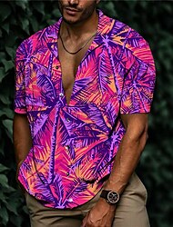 Voor heren Overhemd Hawaiiaans overhemd Kokosnootboom Grafische prints Strijkijzer Blozend Roze Paars Casual Hawaii Korte mouw Afdrukken Button-omlaag Kleding Tropisch Modieus Hawaii Zacht
