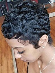 ショートカーリーピクシーカットかつら前髪ワインレッドカラーショート人毛かつら黒人女性のためのかわいい日常着かつらブルゴーニュ 99j 色