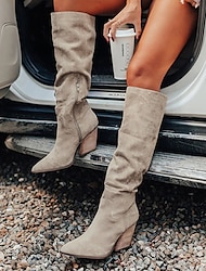 Women's Boots Slouchy Boots Heel Boots Daily Solid Colored Knee High Boots Winter Buckle Chunky Heel Pointed Toe Vintage Casual British Walking Faux Leather Zipper Black Red Light Grey