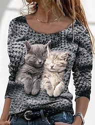 Naisten T-paita Kissa 3D Painettu Päivittäin Viikonloppu Perus Pitkähihainen Pyöreä kaula-aukko Tumman harmaa Syystalvi