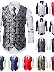 Men's Vest Gilet Wedding Office & Career Daily Wear Party / Cocktail Business Modern Contemporary Spring Fall Embroidered Pocket Button-Down Print 95% Cotton Soft Outdoor Comfortable Flower Single